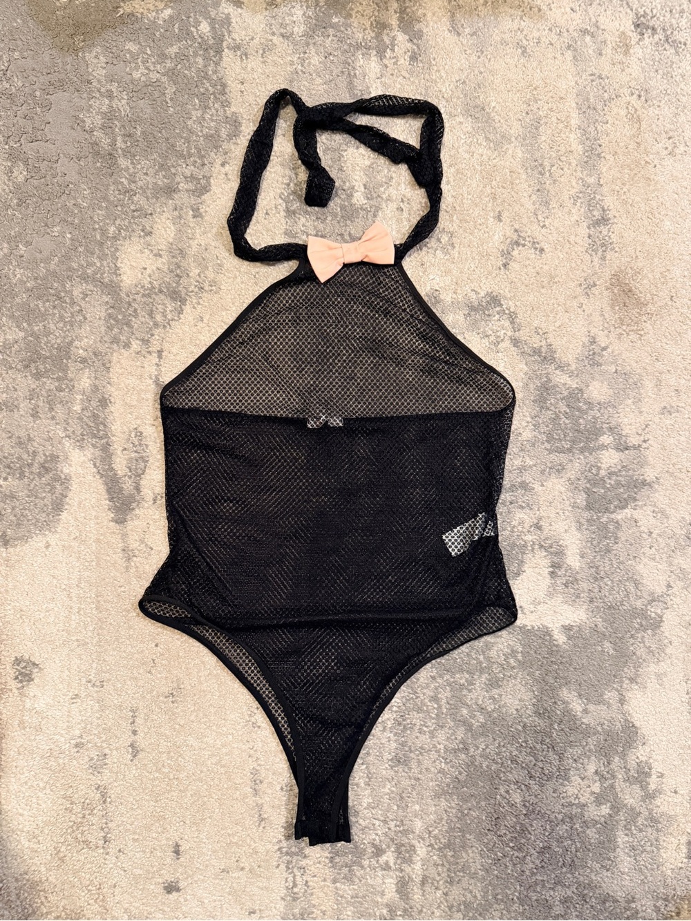 Avidlove Black Mesh Halter  One-Piece with Pink Bow